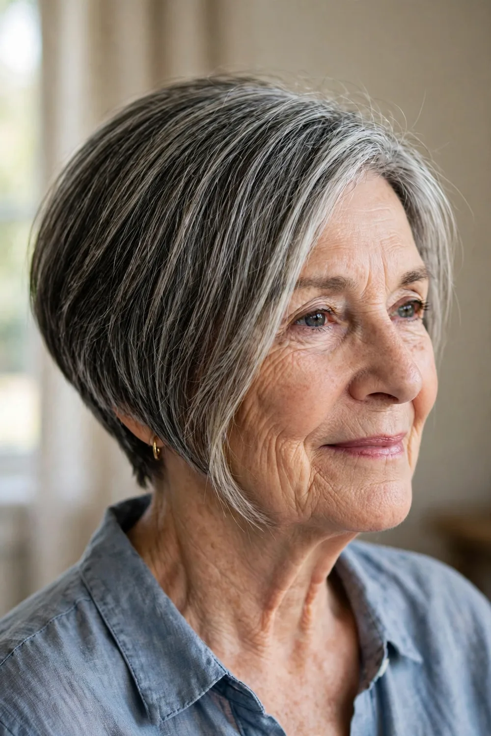 Salt-and-pepper angled bob on a woman over 50