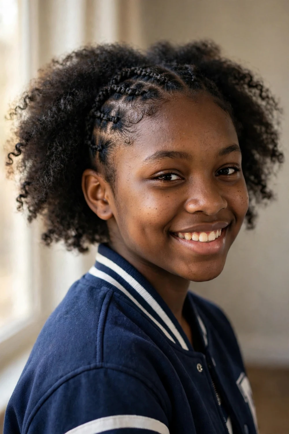 Girl with short curly hair and mini braids along the hairline