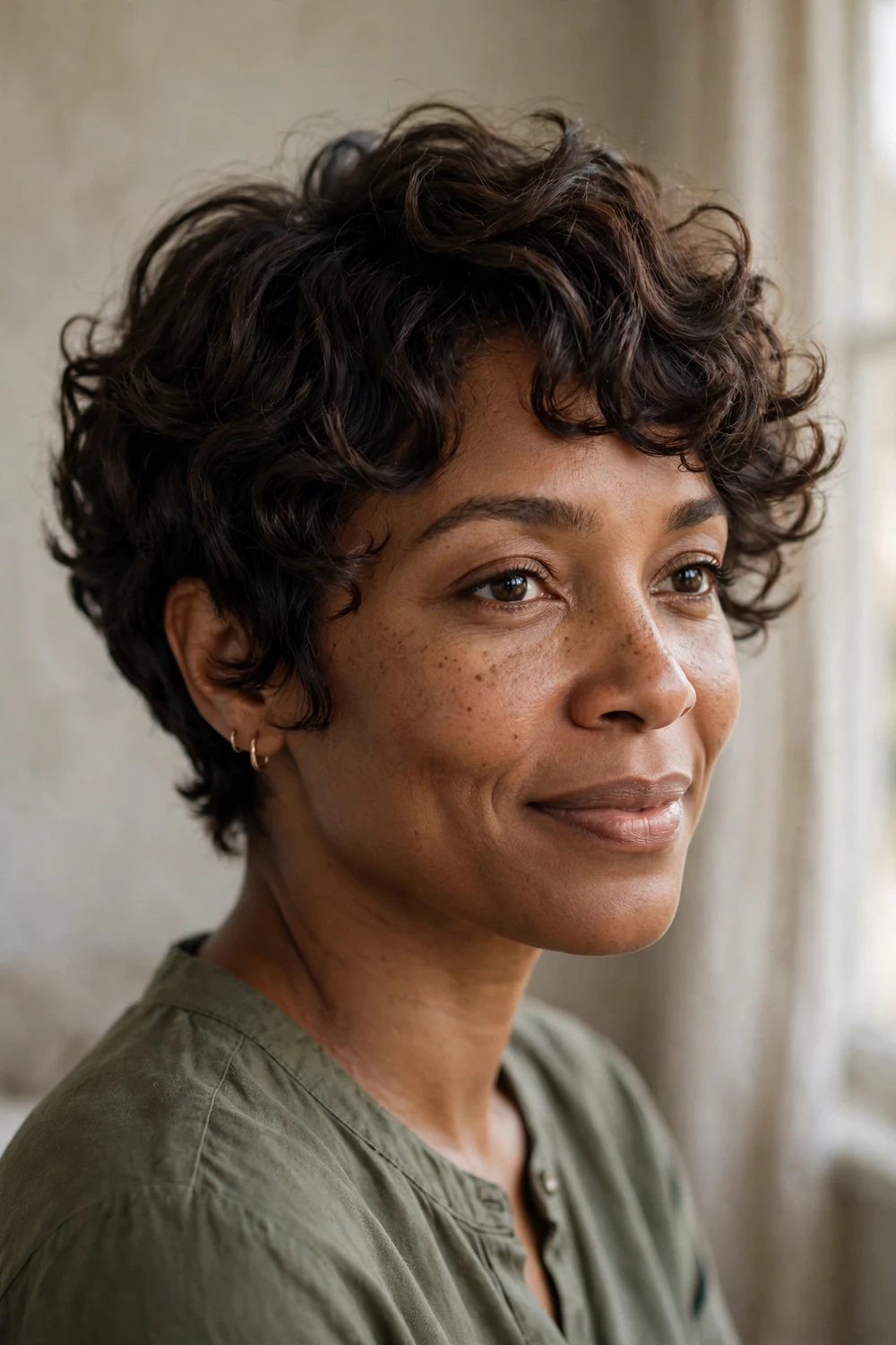 Soft romantic curly pixie with gentle loose curls and a rounded silhouette
