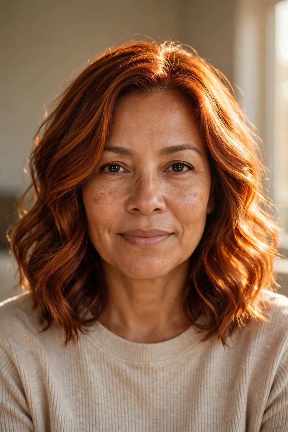 Woman with whiskey copper auburn hair with amber and golden tones