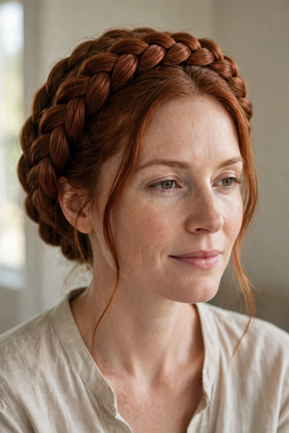 Woman with long auburn hair in a thick braided crown wrapped around the head