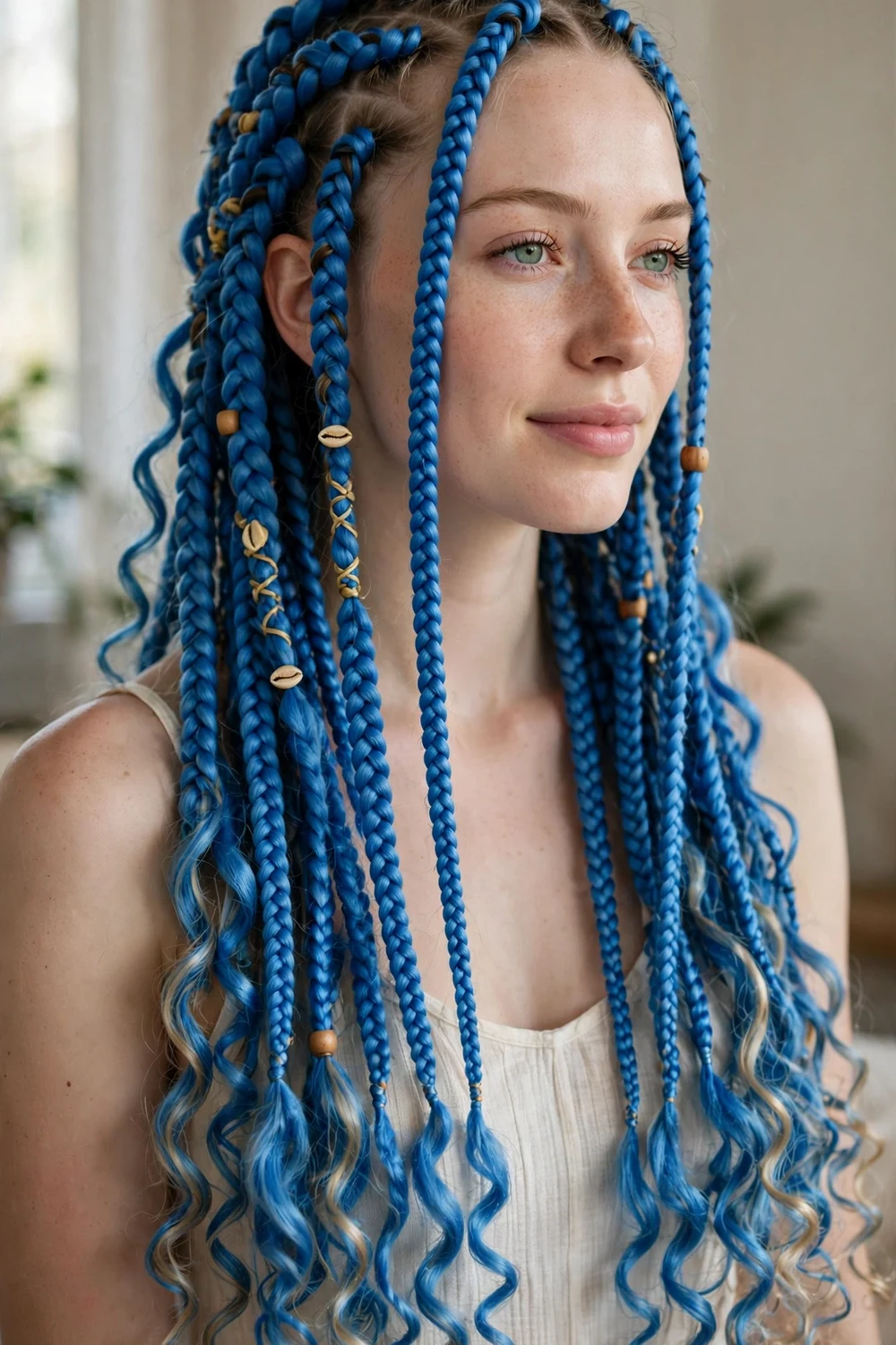 Woman with bright blue boho knotless braids with curly ends