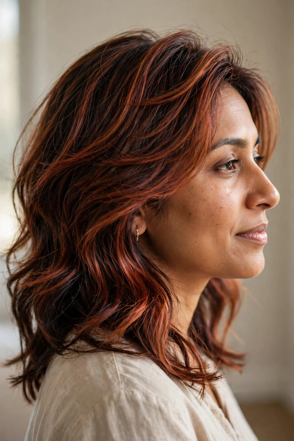 Woman with burnt sienna auburn copper hair with earthy rust tones