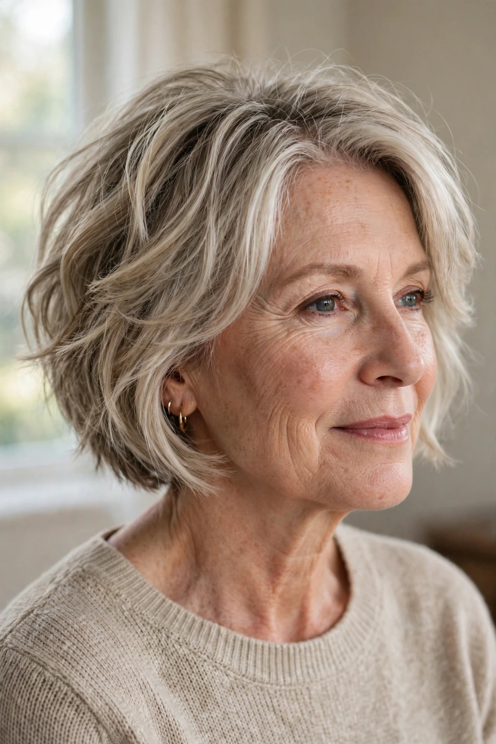 Piece-y bob with separated texture on a 57-year-old woman with ash blonde thin hair