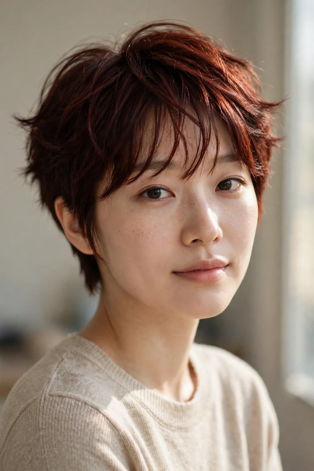 Woman with dark auburn pixie cut and long piece-y wispy bangs