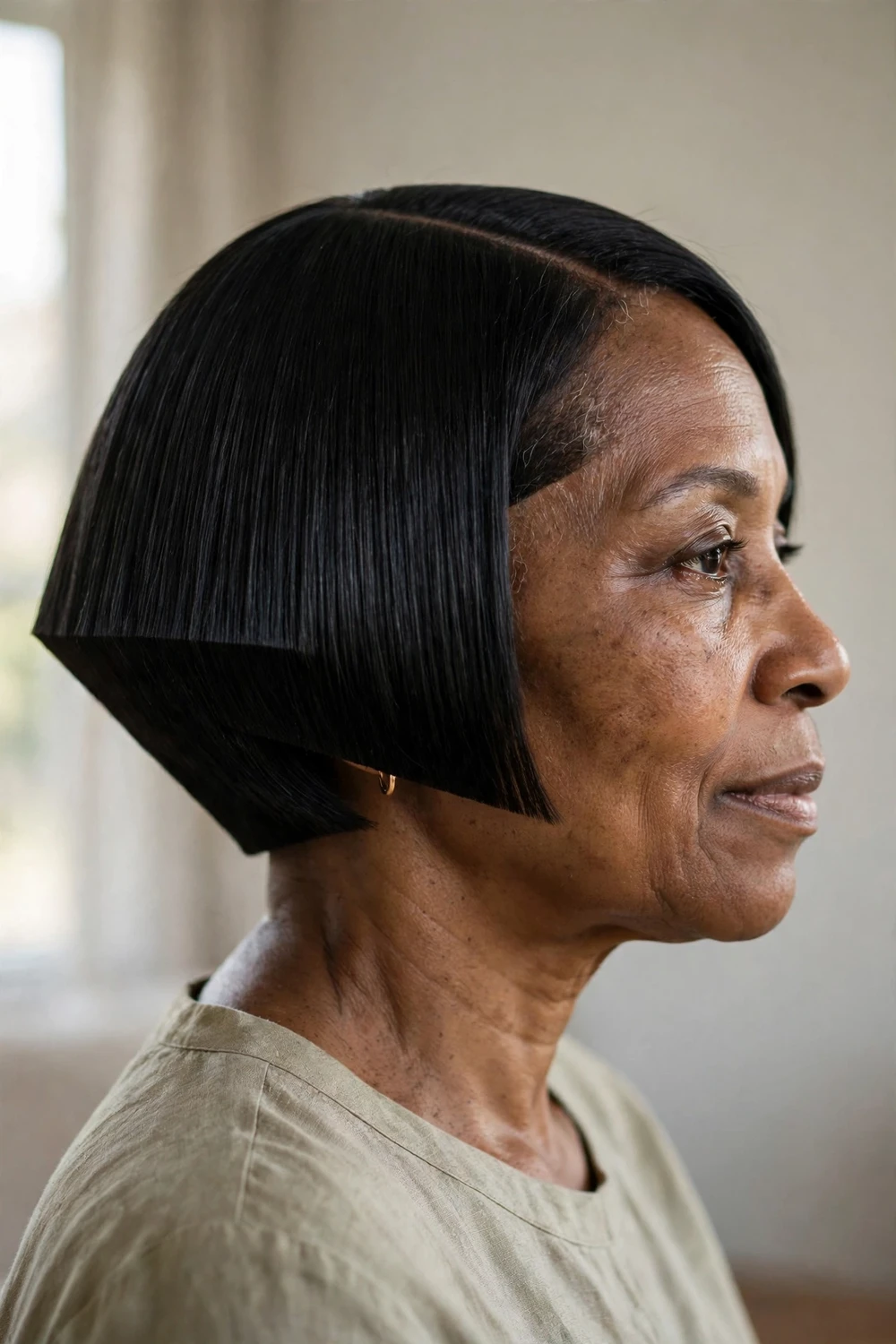 56-year-old Black woman with black precision cut geometric bob with sharp lines