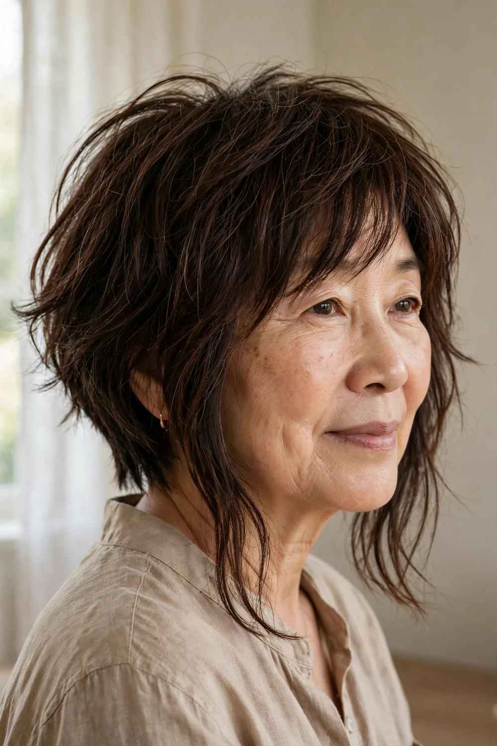 Shaggy angled bob with broken layers on a woman over 50