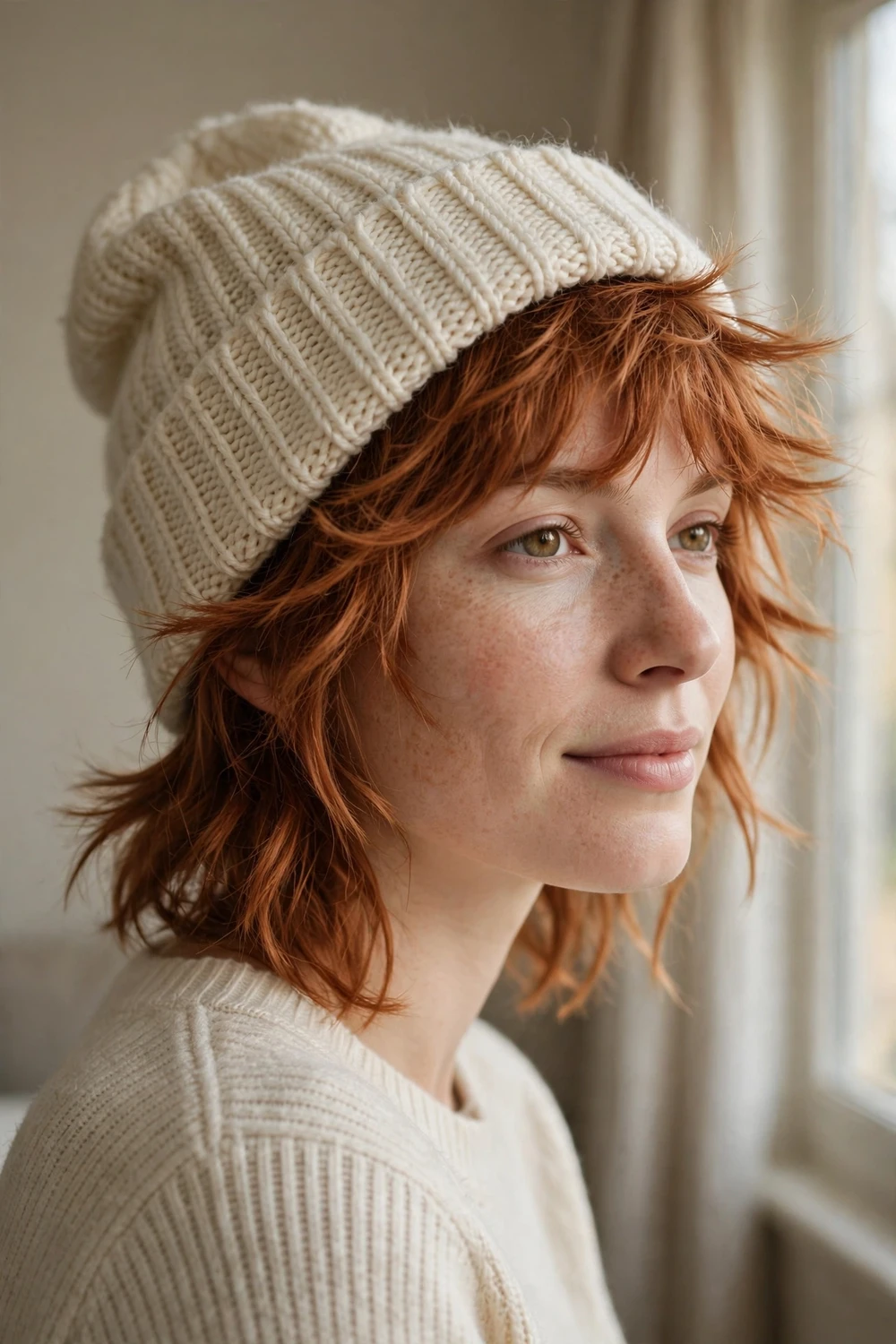 Woman with a copper tousled shag haircut wearing a cream knit beanie