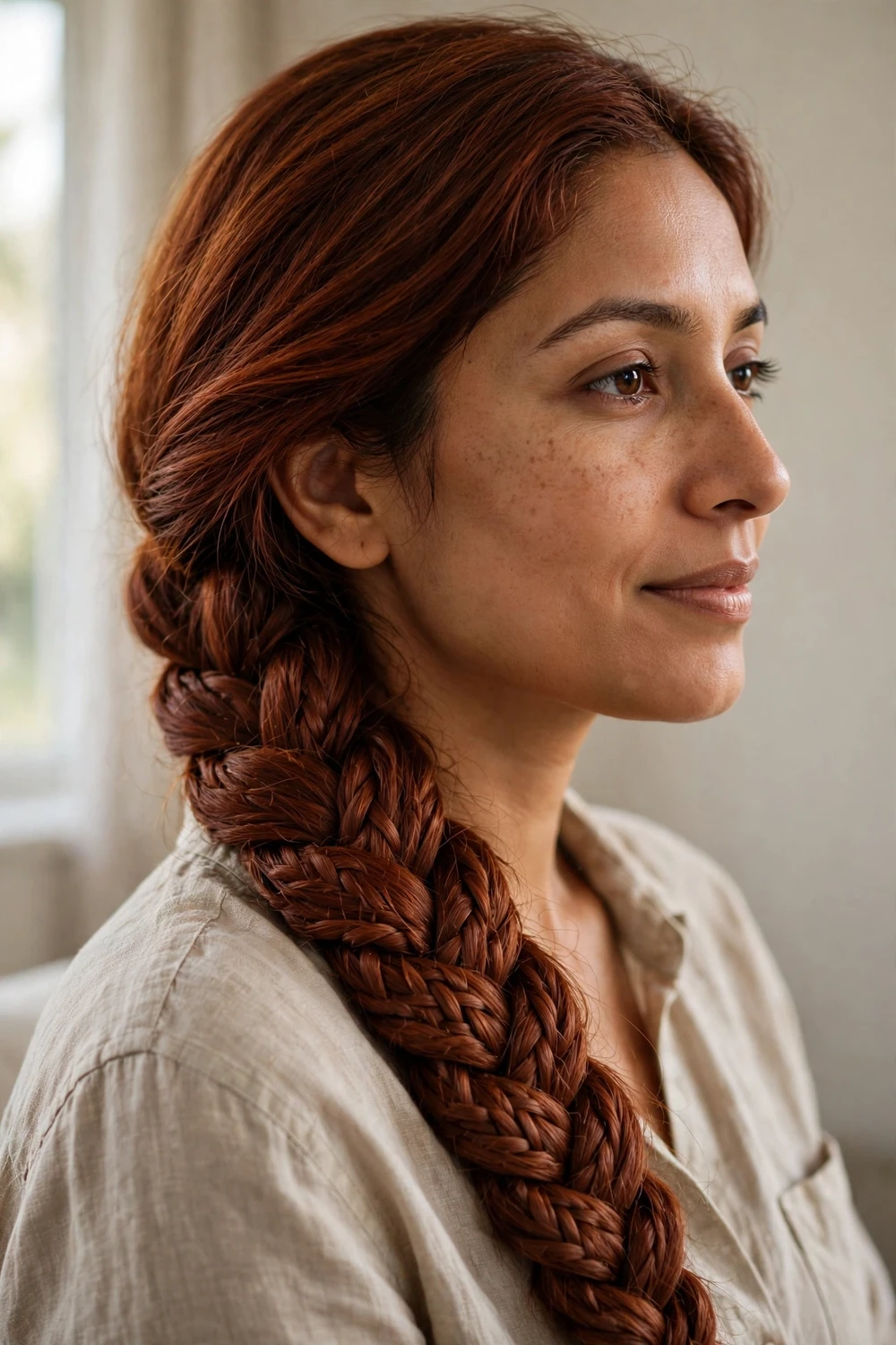 Woman with long auburn hair in a thick fishtail braid over one shoulder