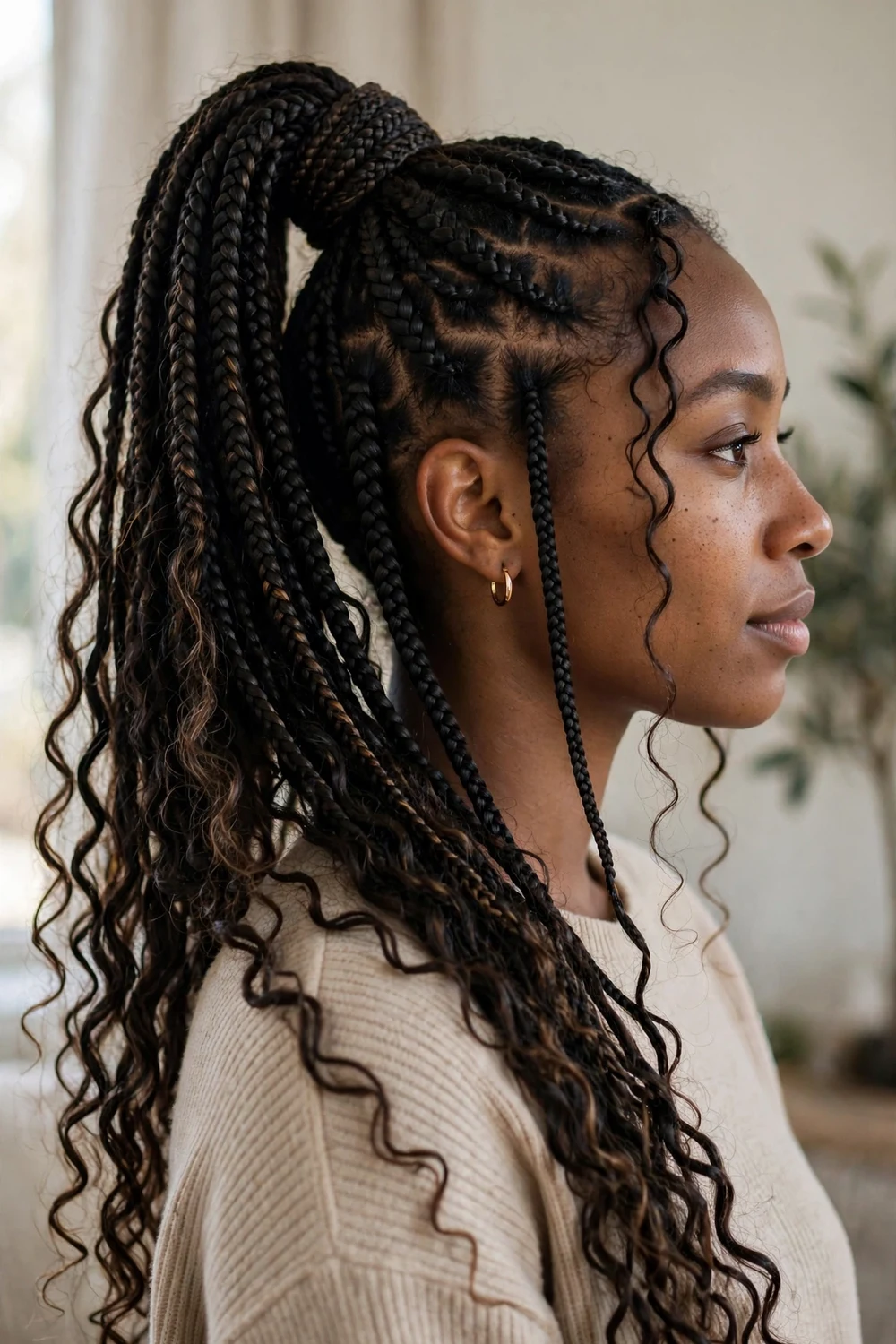 Woman with boho braids gathered into a high ponytail with wrapped base