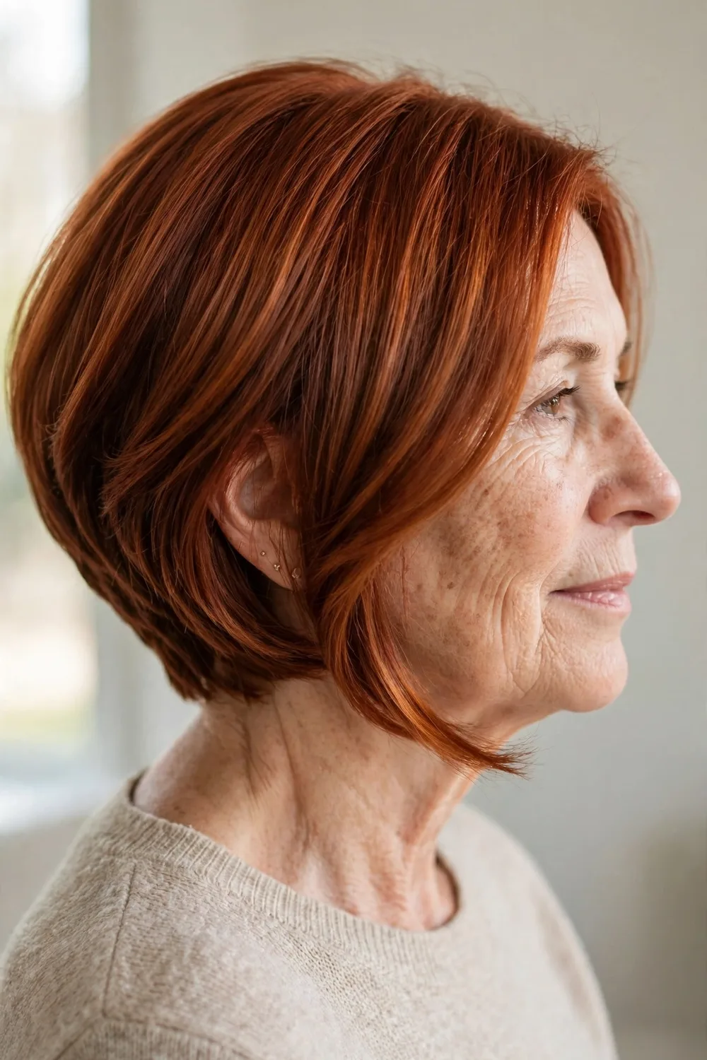 Copper auburn angled bob on a woman over 50