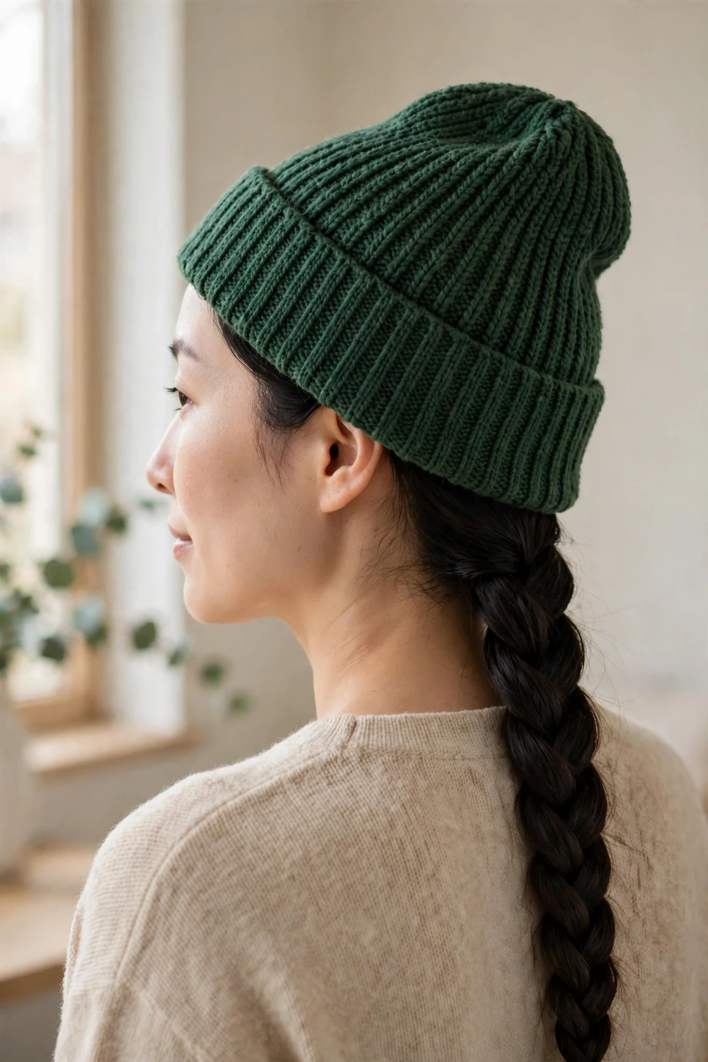 Woman with a neat dark French braid wearing a forest green knit beanie