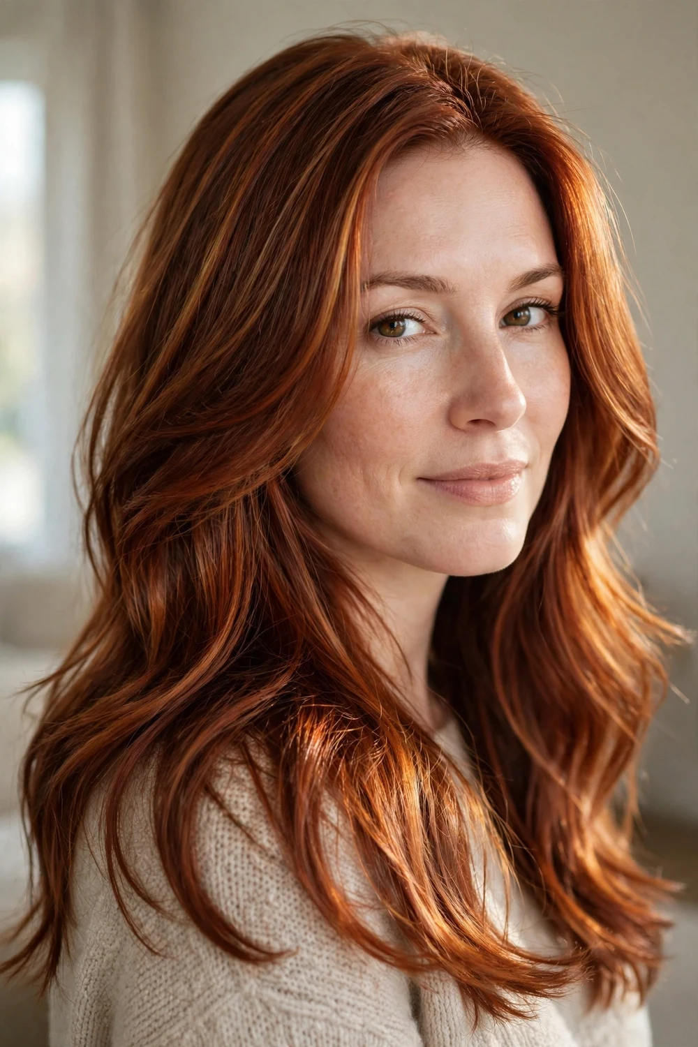 Woman with maple auburn copper hair with syrupy warm red tones