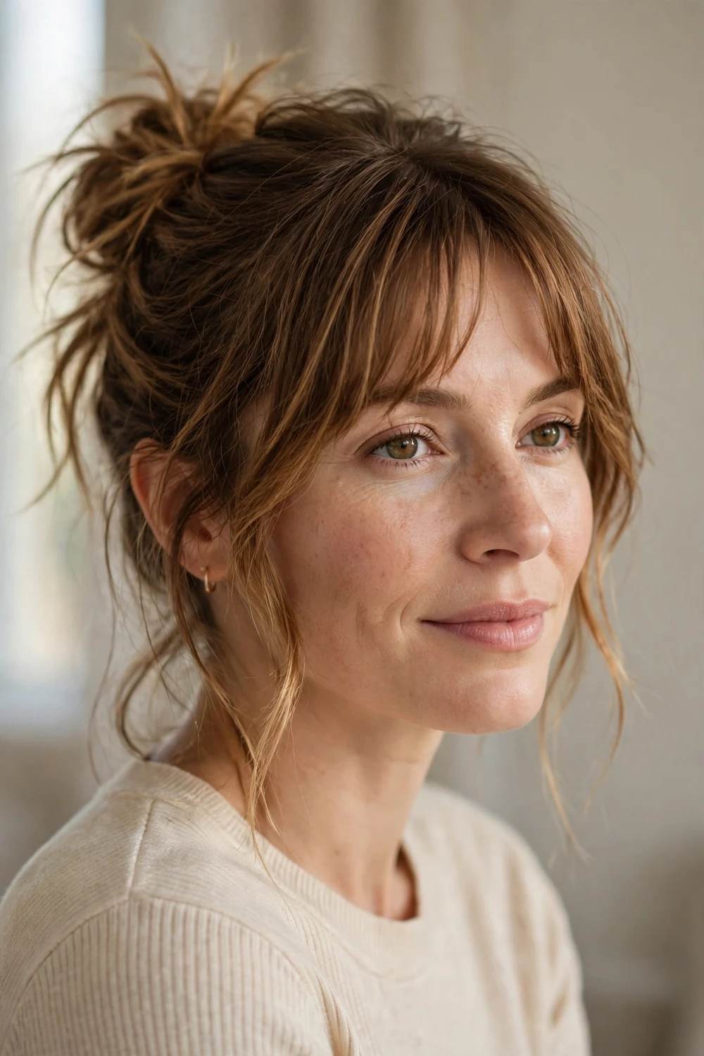 Woman with honey brown hair in a loose messy bun with wispy bangs and face-framing pieces