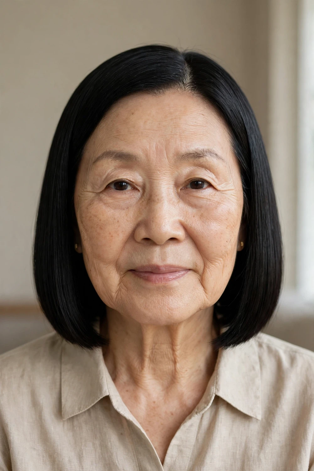 Sleek straight bob on a 64-year-old woman with black fine hair