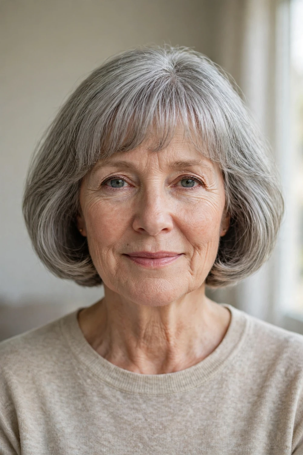 58-year-old woman with grey soft rounded bob with bangs