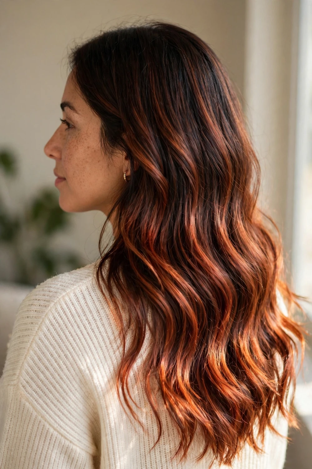 Woman with long dark brown hair and hand-painted auburn balayage, back view