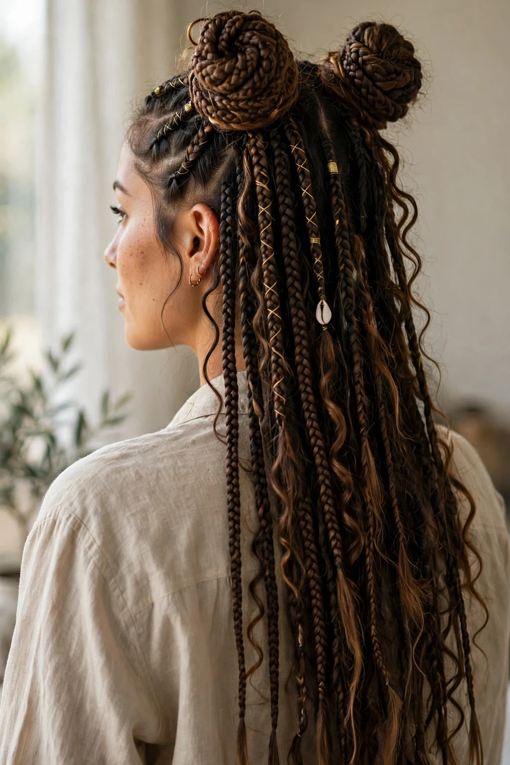 Woman with boho braids styled into two half-up space buns