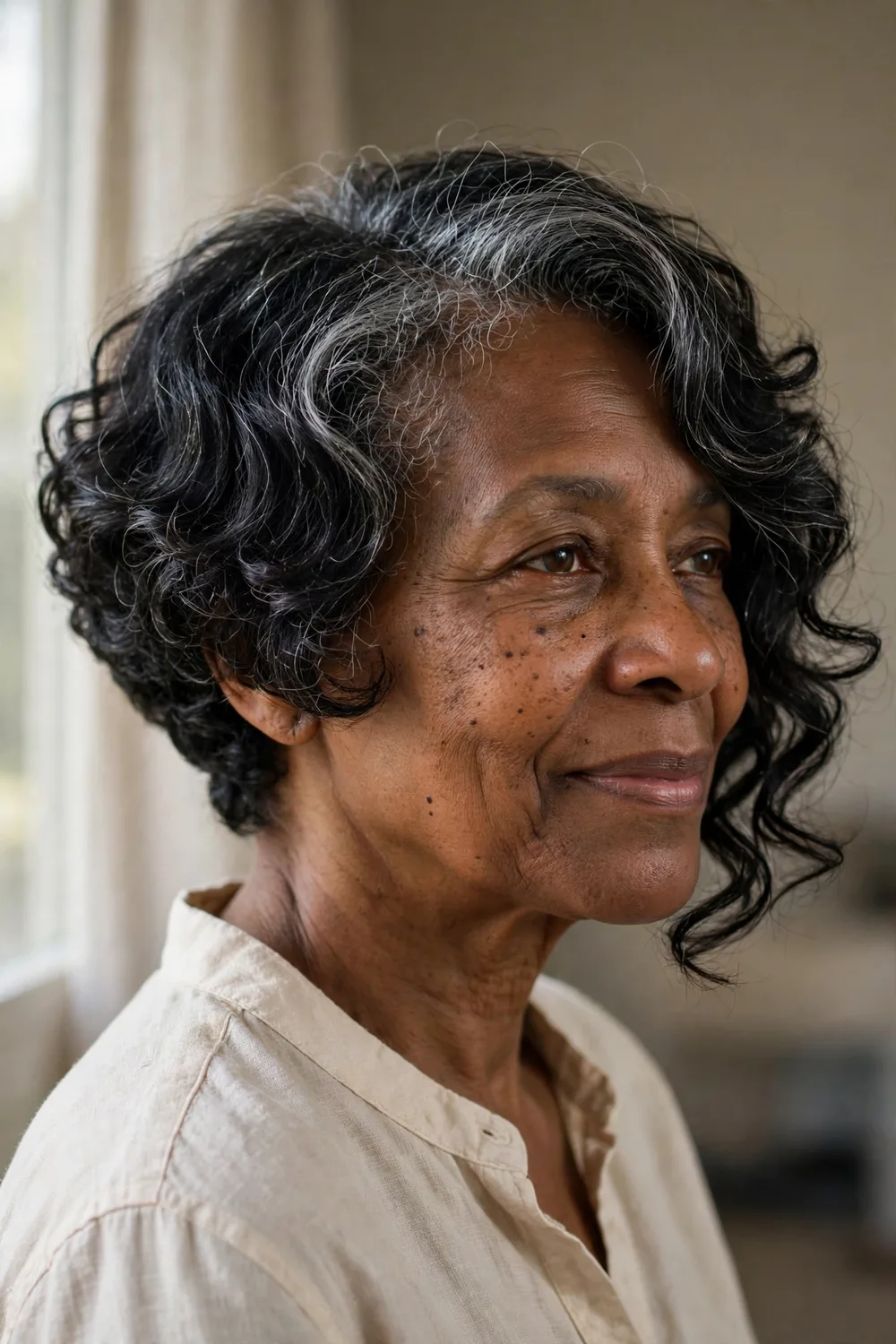Curly angled bob with defined curls on a woman over 50