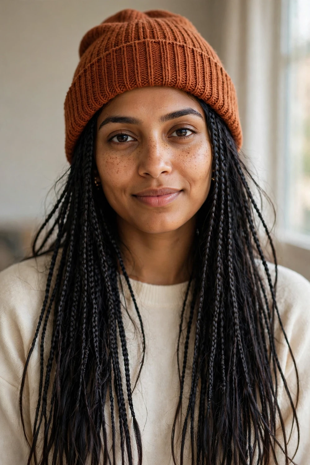 Woman with several long thin braids wearing a rust knit beanie
