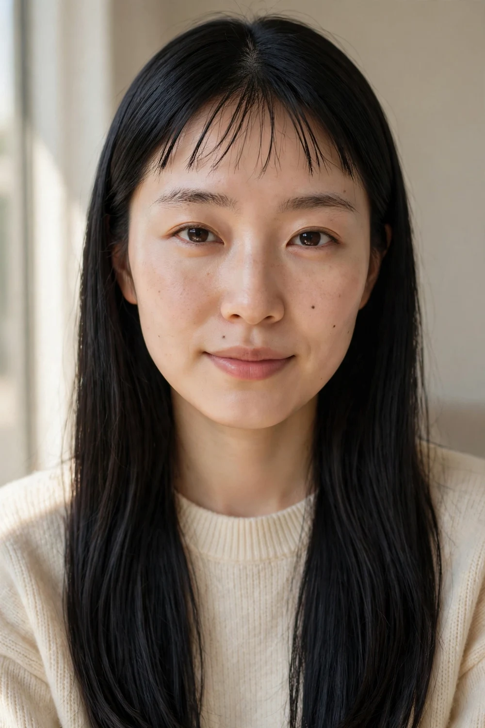 Woman with jet black long sleek straight hair and ultra-short micro wispy bangs