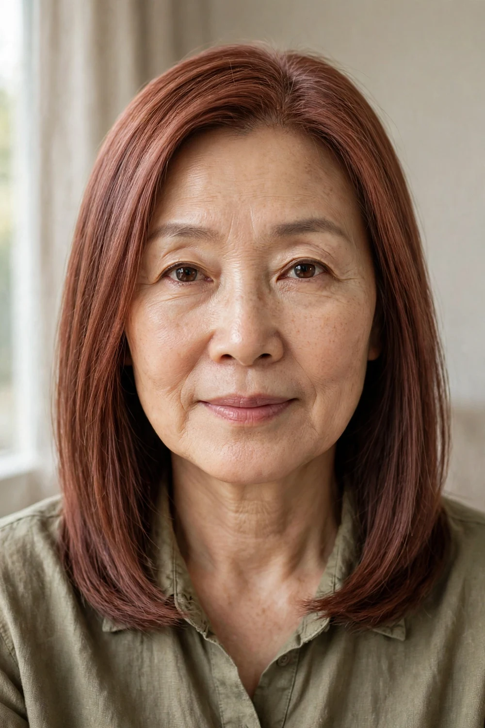 Woman with smoked auburn copper hair with muted dusty red tones
