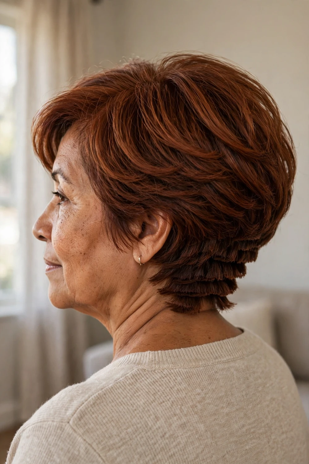 57-year-old Latina woman with auburn stacked bob viewed from the back showing nape detail