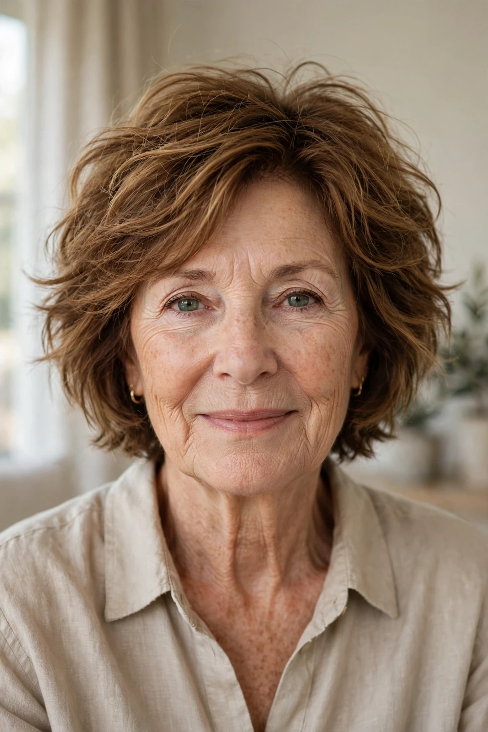 Tousled bob on a 61-year-old woman with caramel brown thin hair
