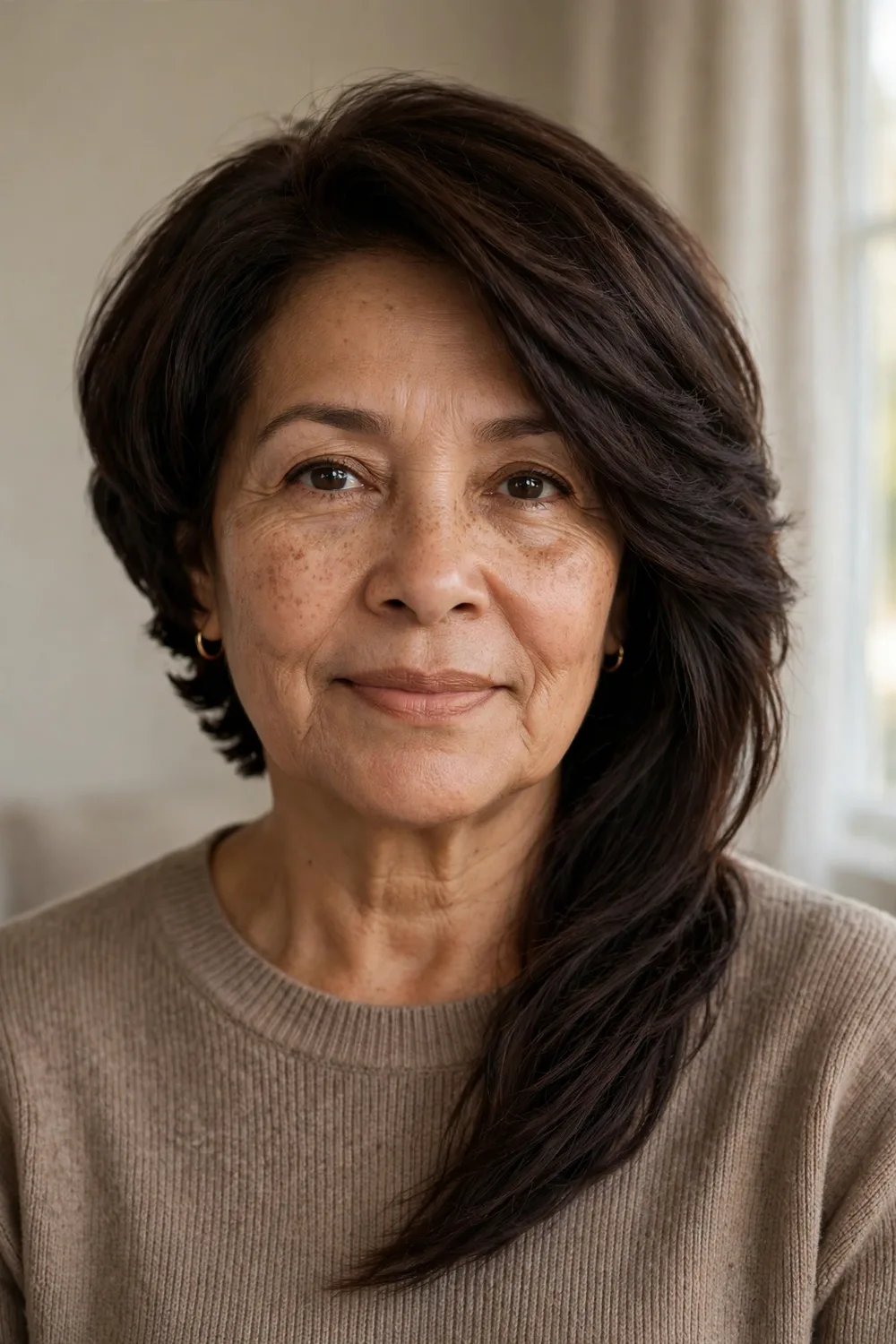 Asymmetric angled bob with one side longer on a woman over 50