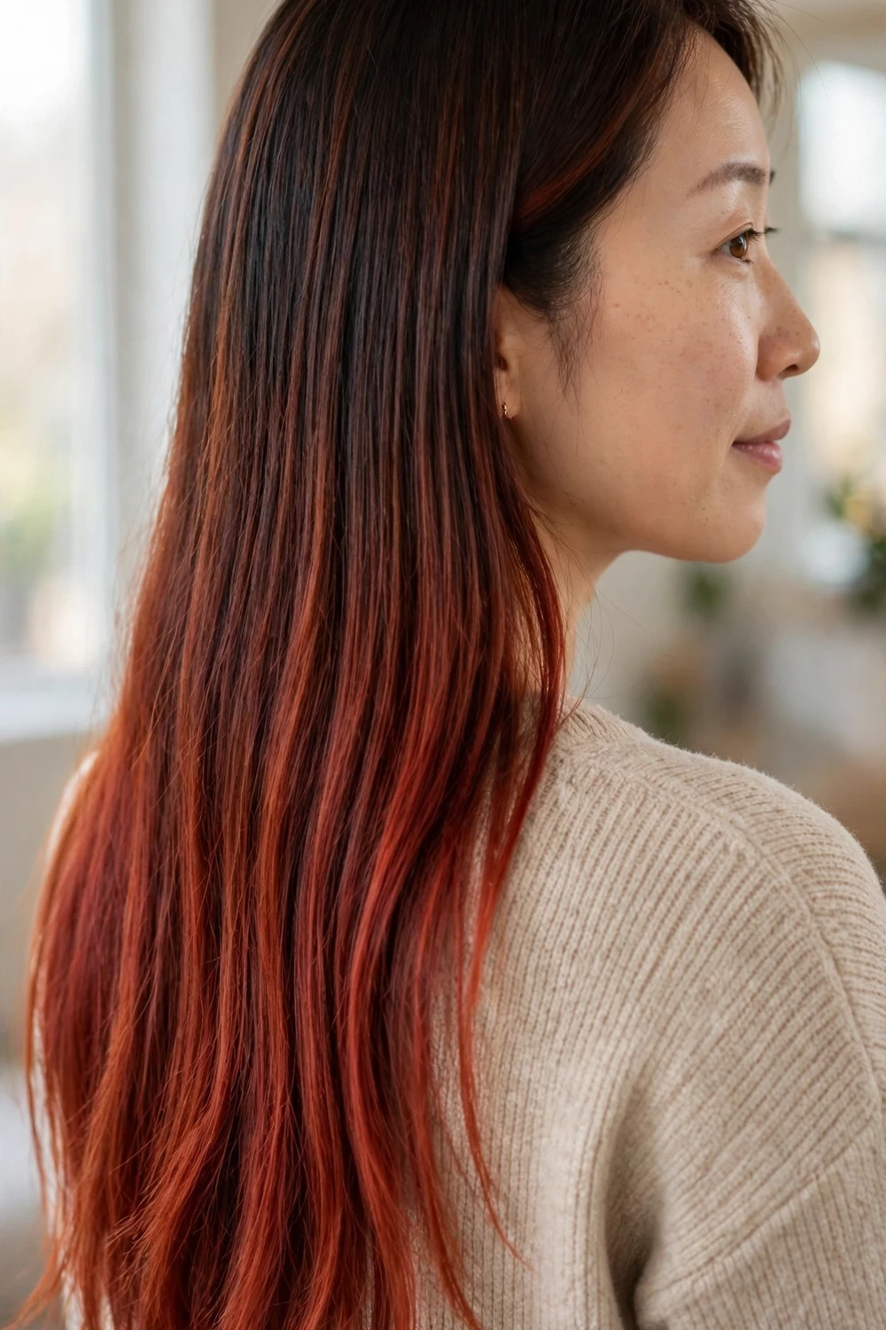 Woman with long hair in a smooth auburn ombre melt from espresso roots to red ends