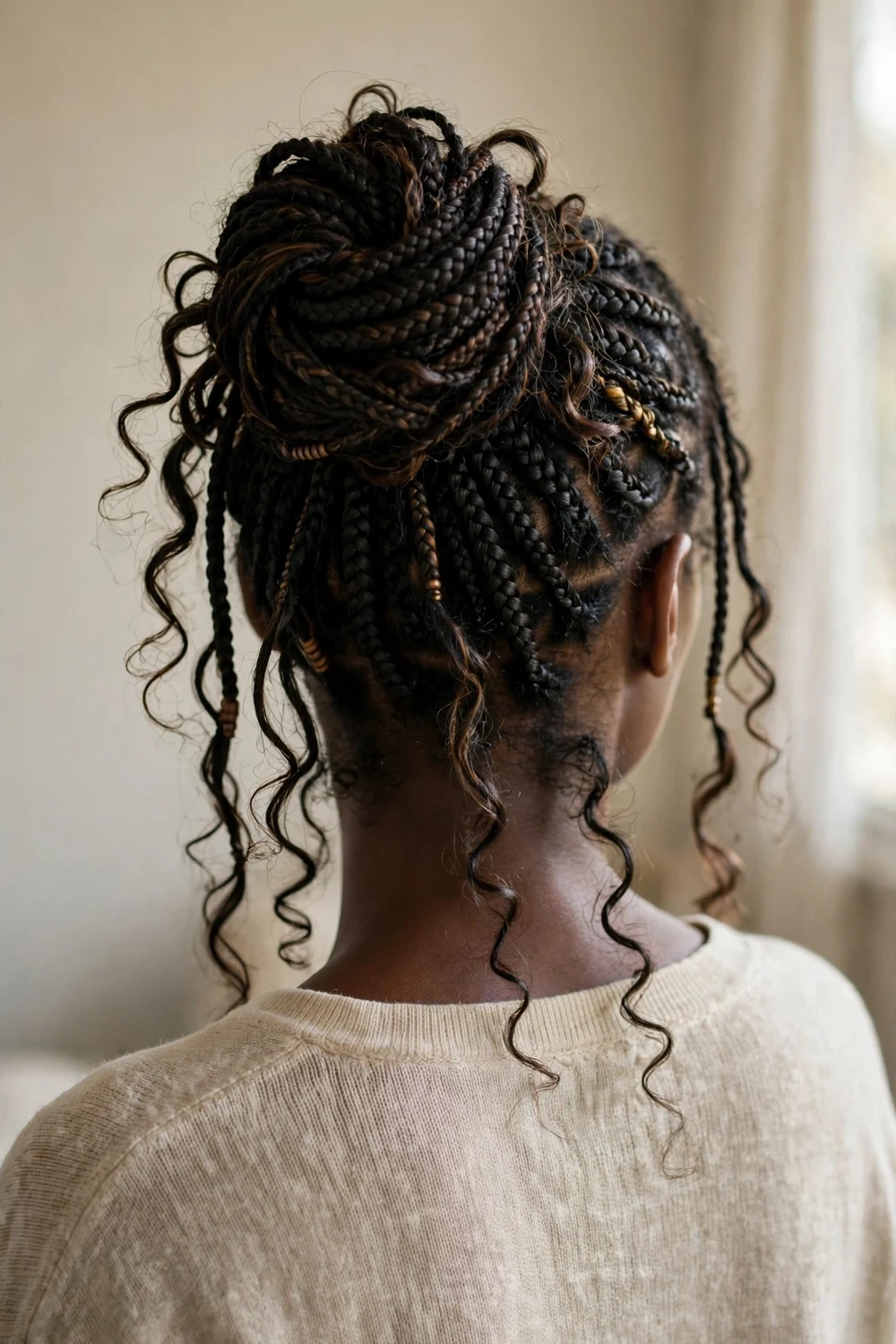 Woman with boho braids pinned into a relaxed wrapped updo