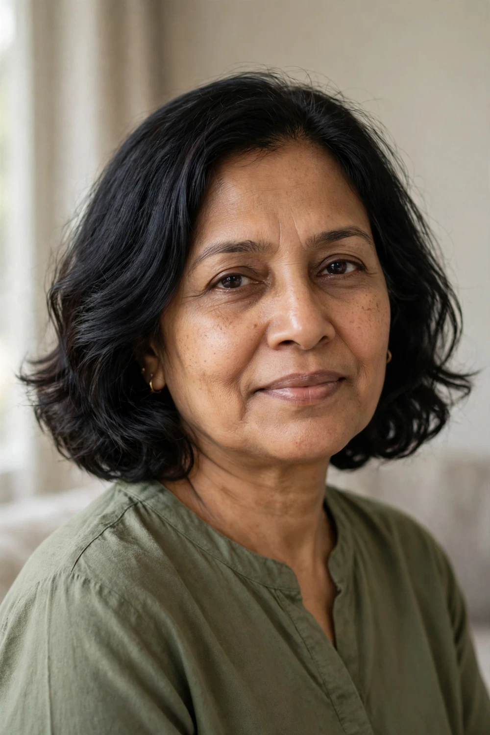 53-year-old South Asian woman with black chin-grazing bob with soft waves