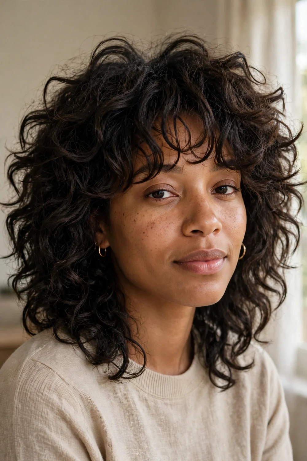 Woman with natural voluminous curly hair in a curly shag with wispy curly bangs