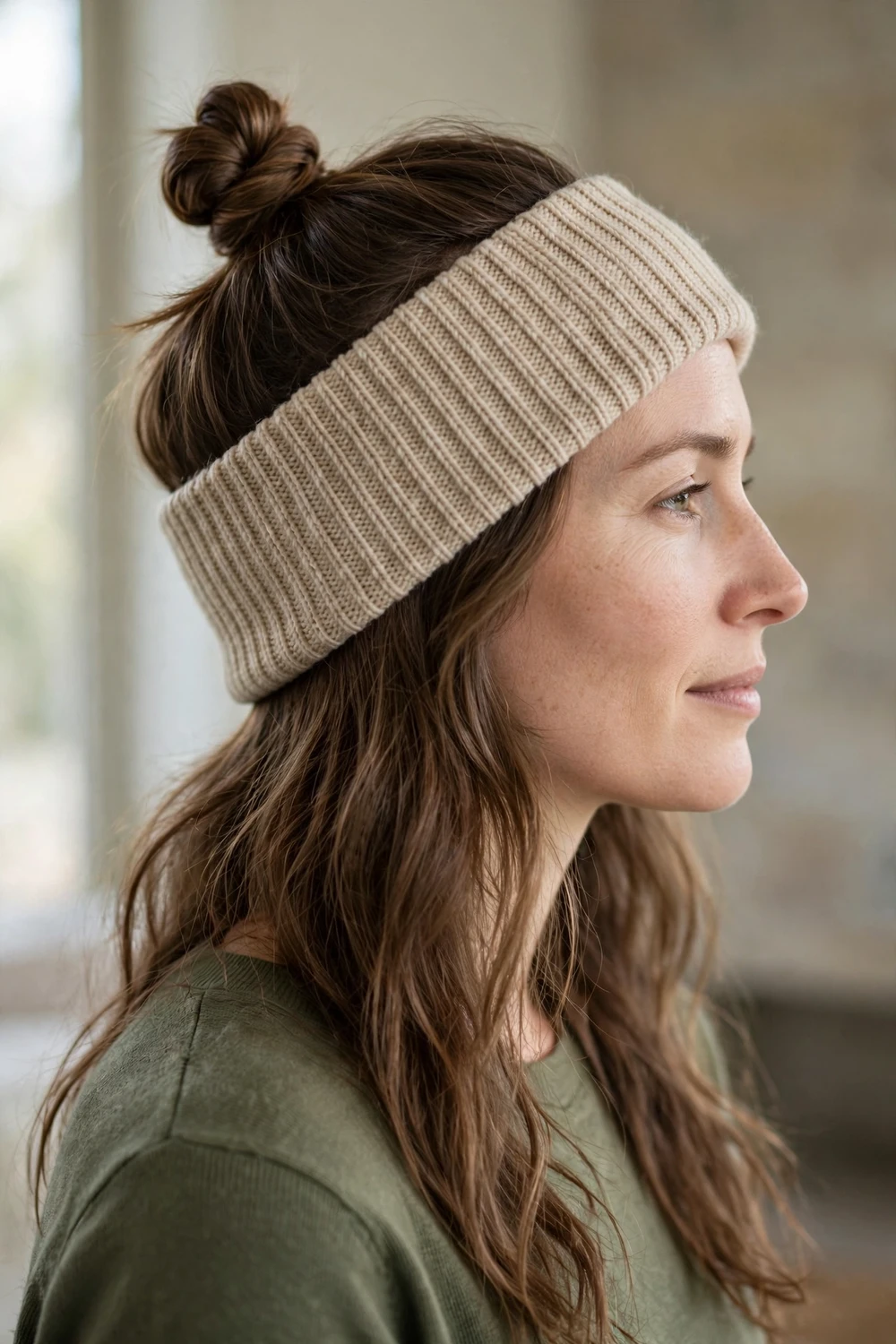 Woman with a half-up twist and loose flowing ends wearing a beige knit beanie
