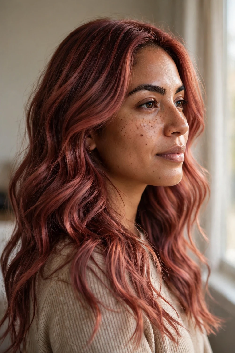 Woman with rose auburn copper hair with soft rosy undertones