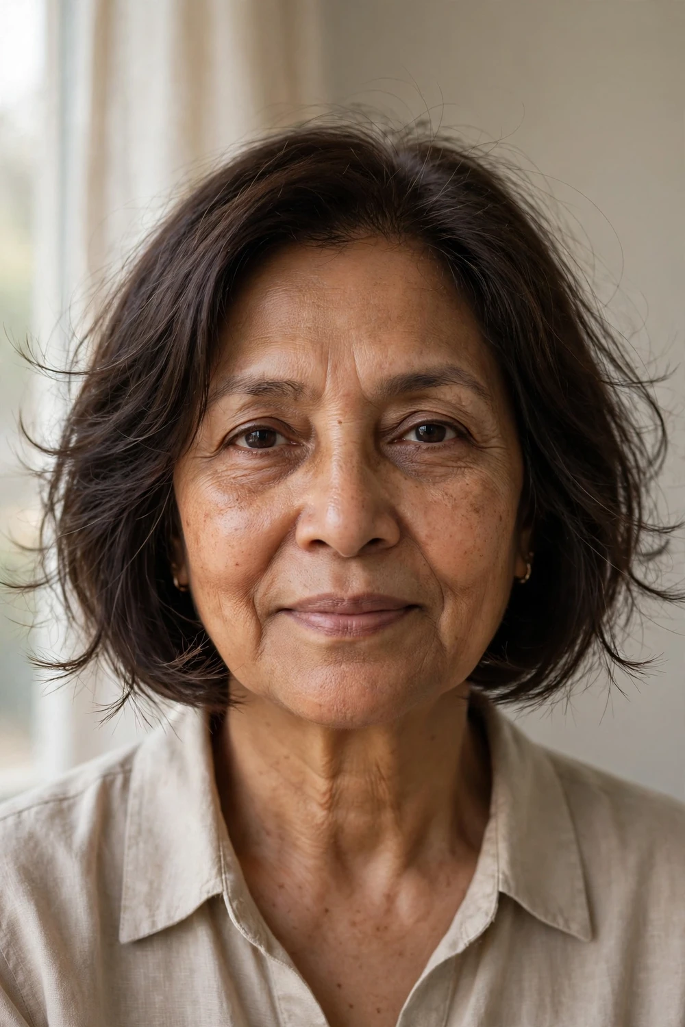 Wispy bob with feathered ends on a 59-year-old woman with dark brown thin hair