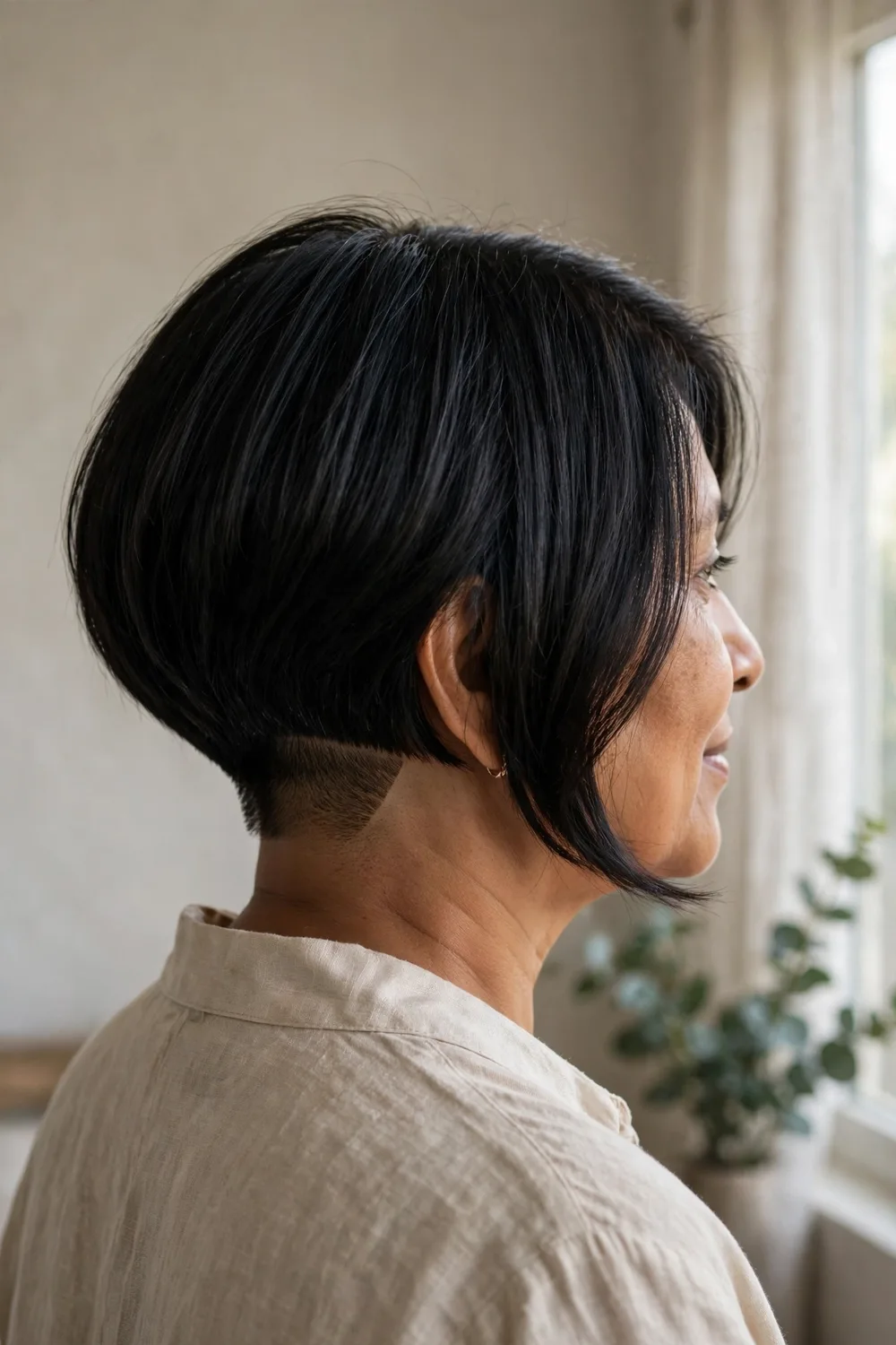 Angled bob with hidden undercut nape on a woman over 50