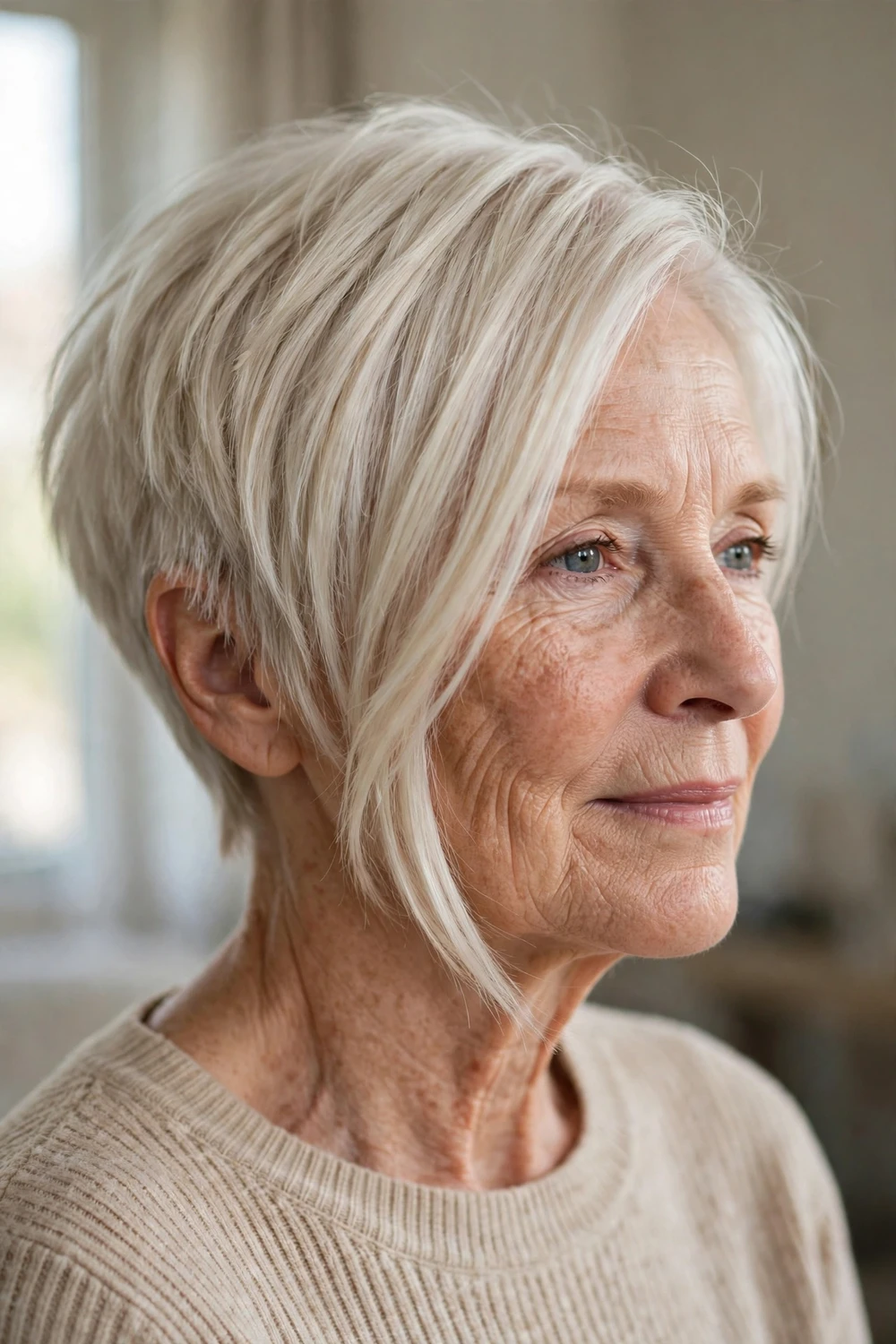 Asymmetrical bob longer on one side on a 60-year-old woman with platinum blonde thin hair