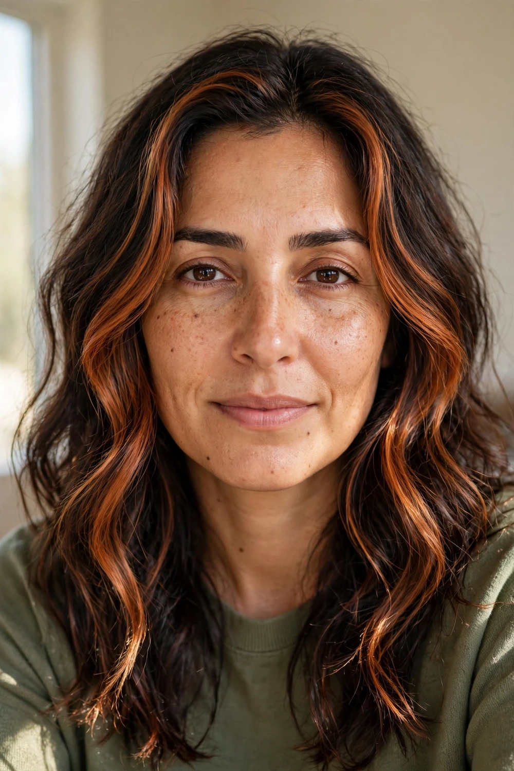 Woman with dark brown hair and bright copper-auburn face-framing highlights