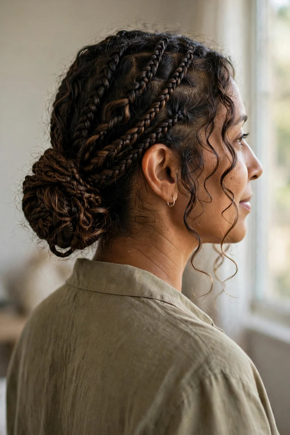 Woman with boho braids twisted into a low bun at the nape