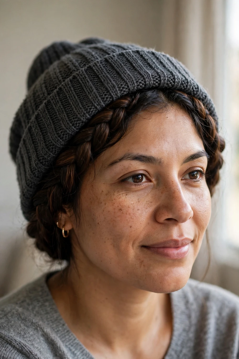 Woman with a braided crown wrapped around her head wearing a charcoal knit beanie