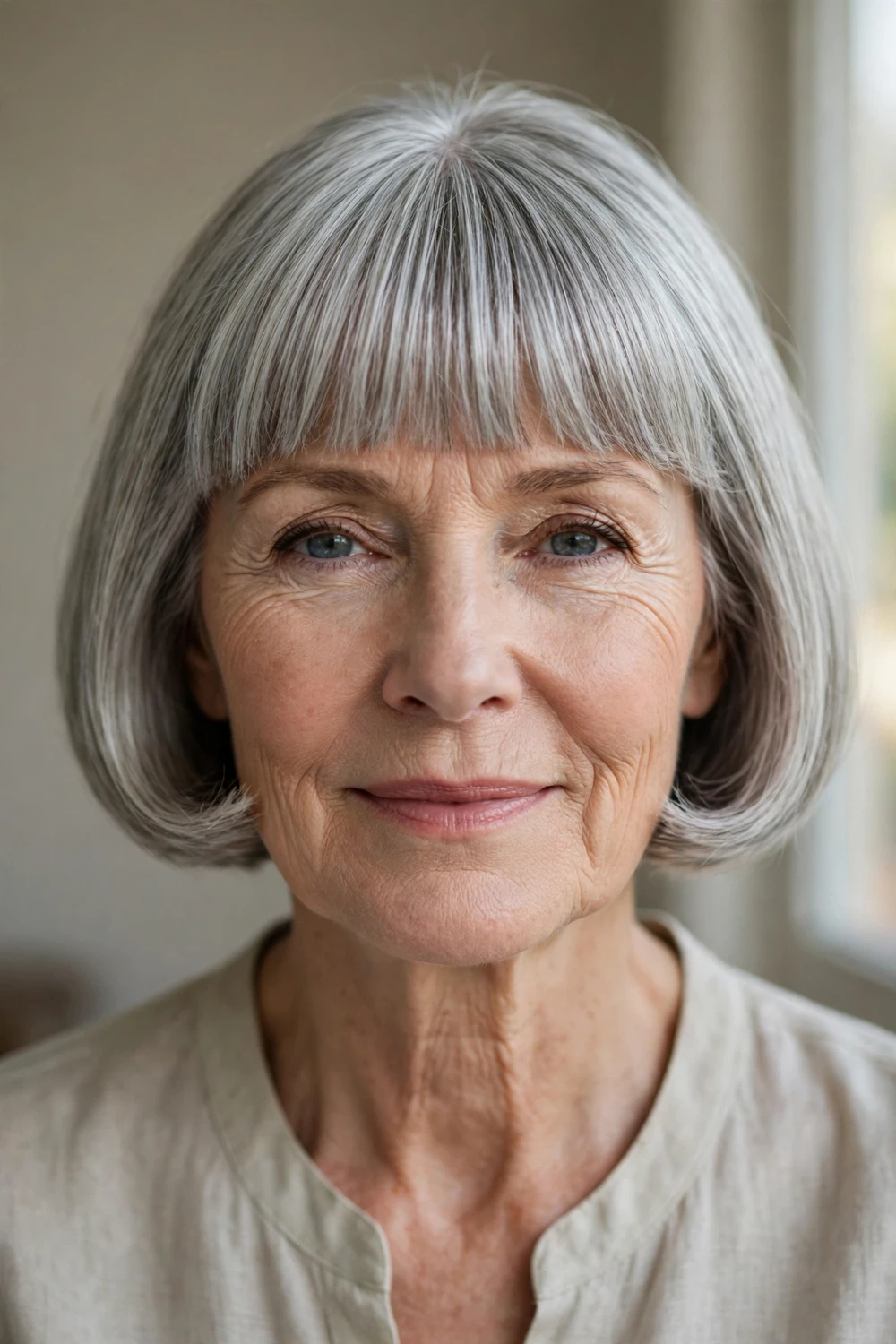 60-year-old woman with silver classic French bob with straight-across bangs