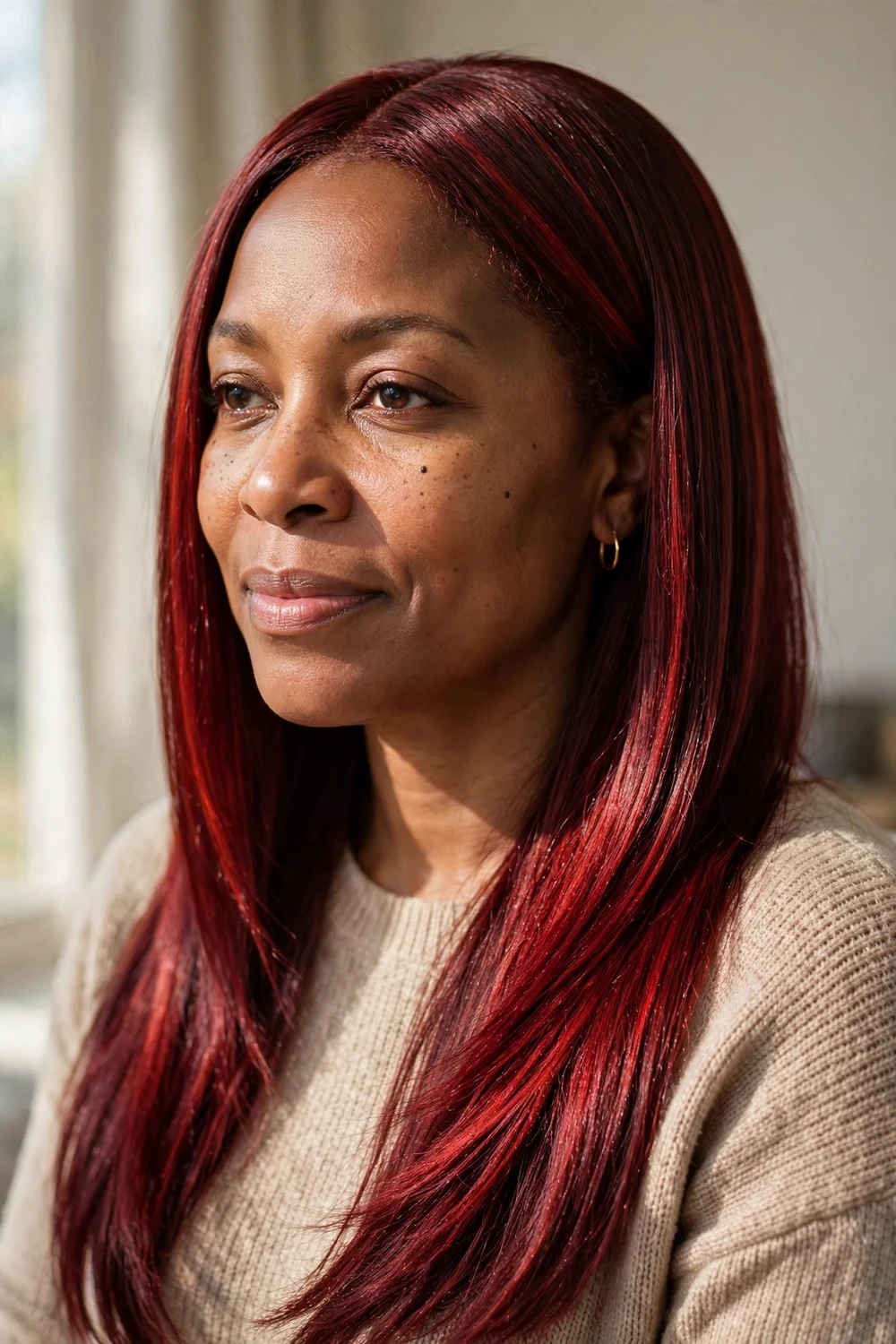 Woman with deep garnet auburn copper hair with jewel-like red tones