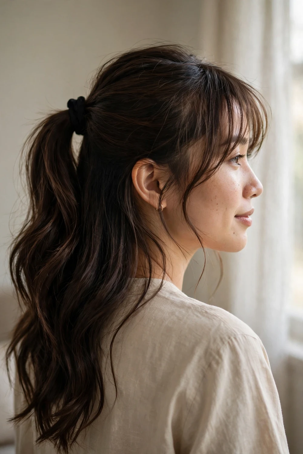 Woman with dark brown long hair in a half-up ponytail with wispy bangs