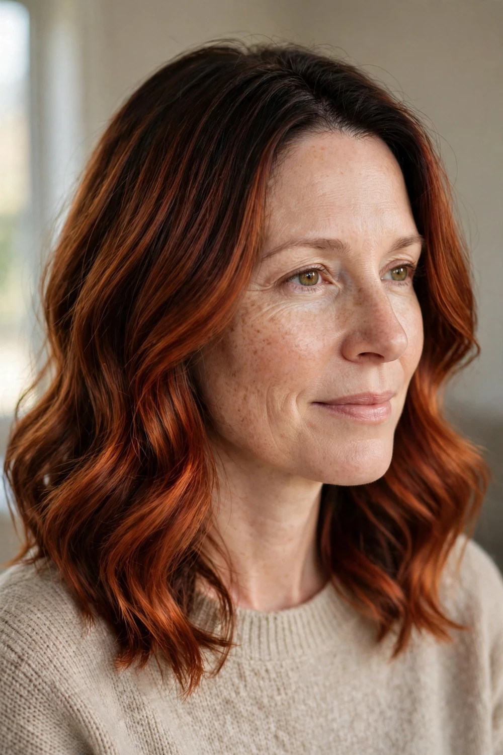 Woman with medium-length hair, dark shadow root blending into glowing auburn lengths