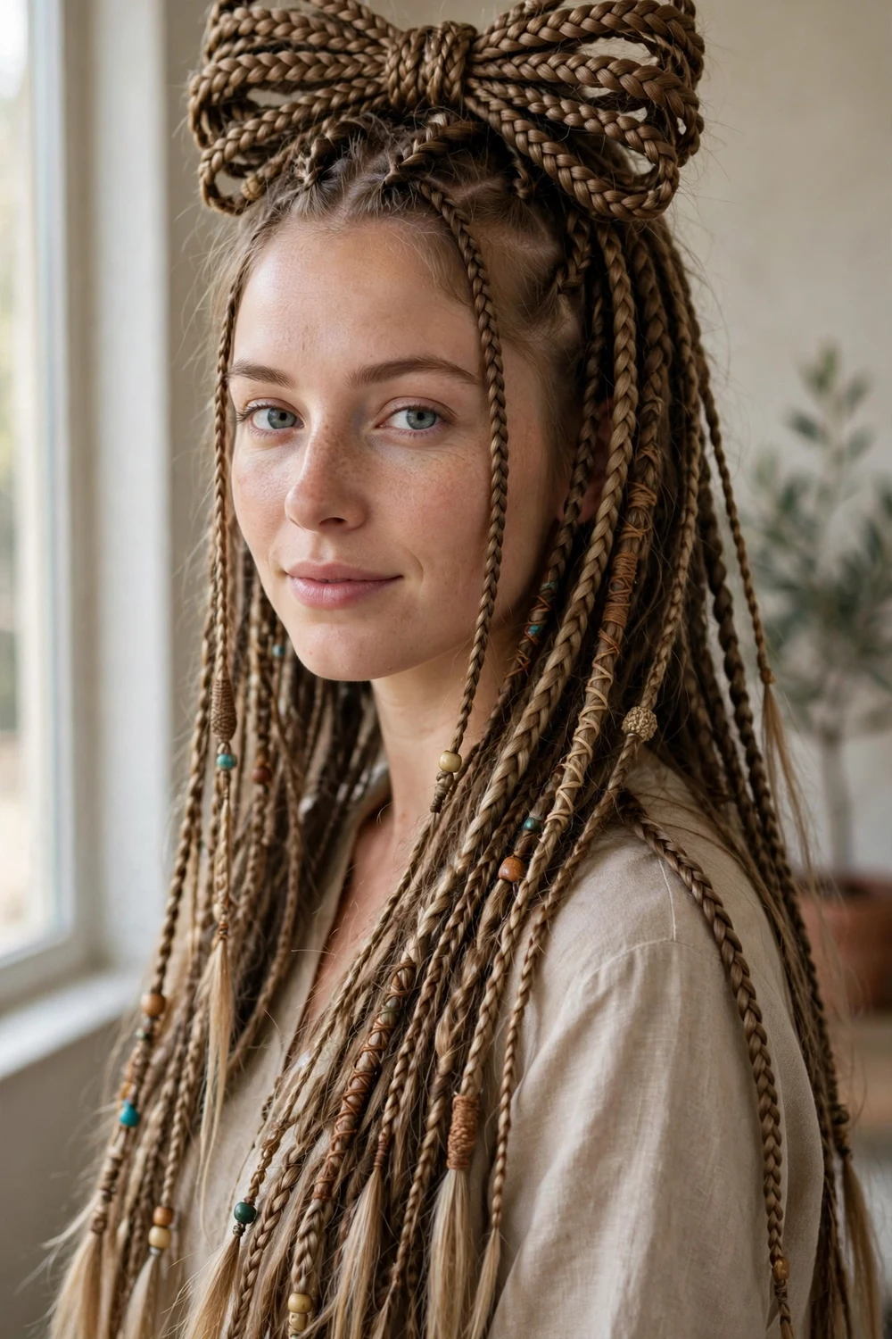 Woman with boho braids shaped into a large bow on top of her head