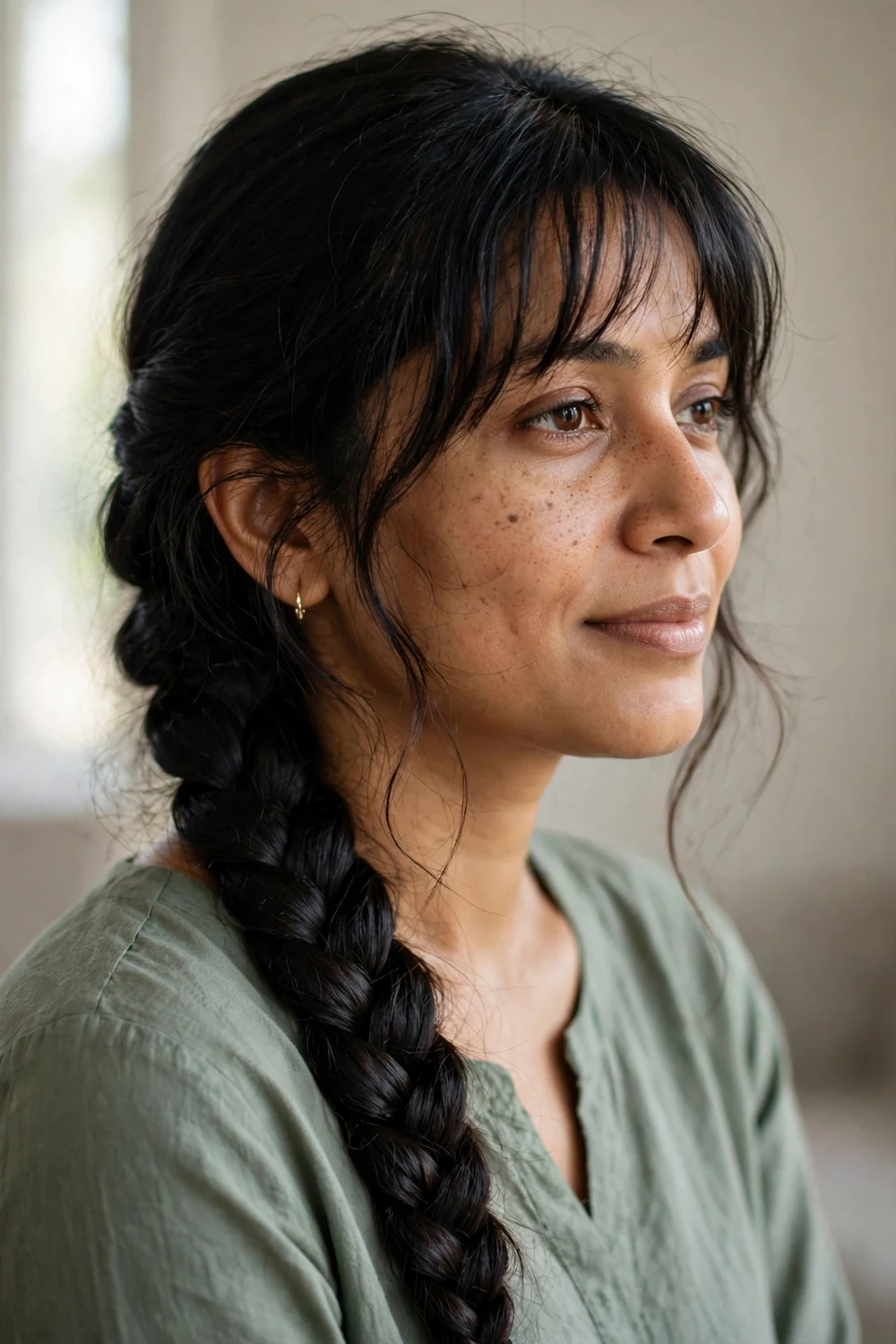 Woman with long black hair in a fishtail braid with wispy bangs and soft tendrils