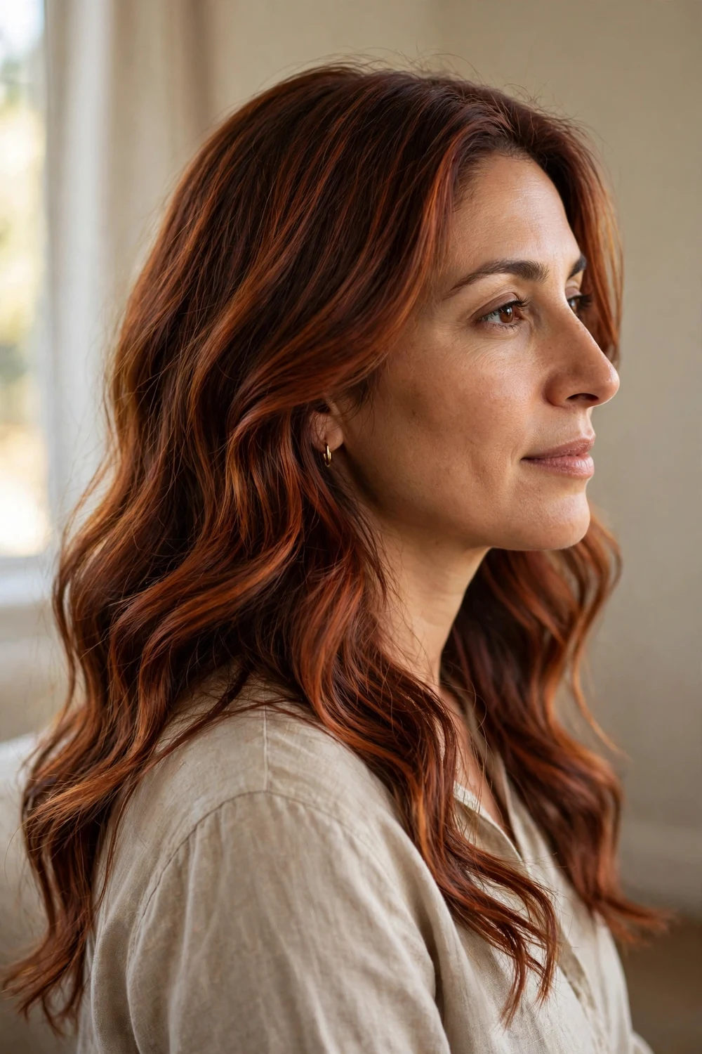 Woman with cowboy copper hair blended with rich auburn tones