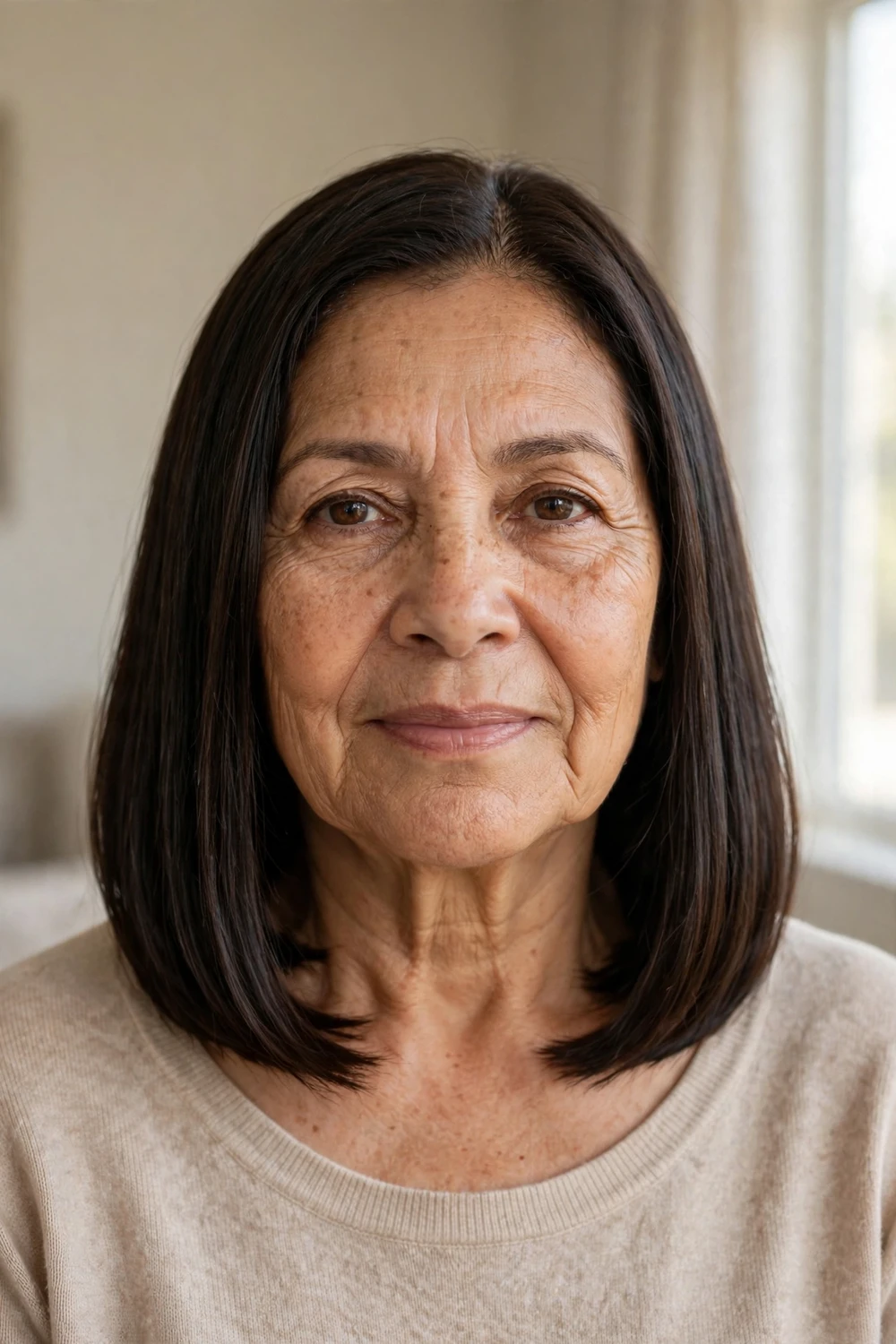 Long bob lob reaching the collarbone on a 62-year-old woman with dark brown fine hair