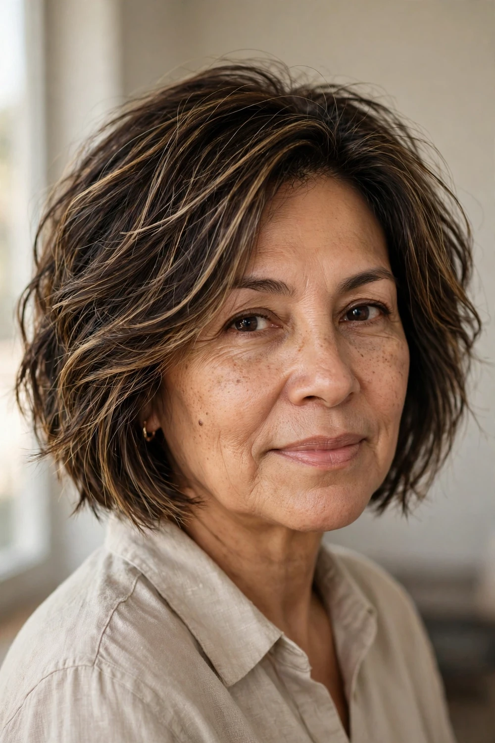 55-year-old Latina woman with dark brown textured bob with babylights